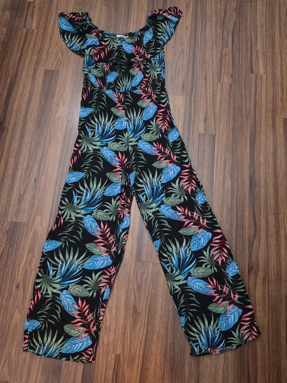 Tropical Leaf Off-Shoulder Wide-Leg Jumpsuit - Black